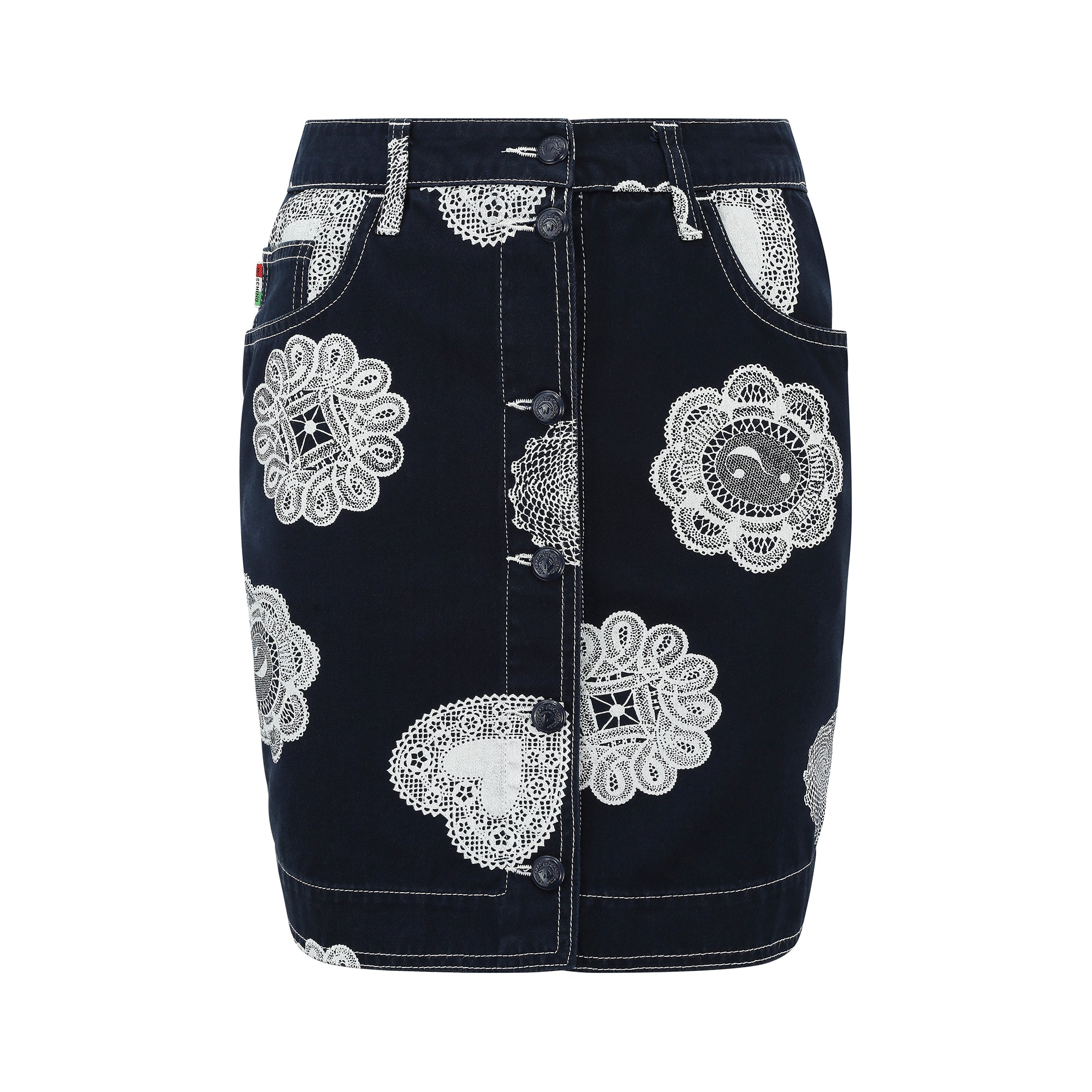 1990s Moschino Denim and Doily Novelty Print Mini Skirt