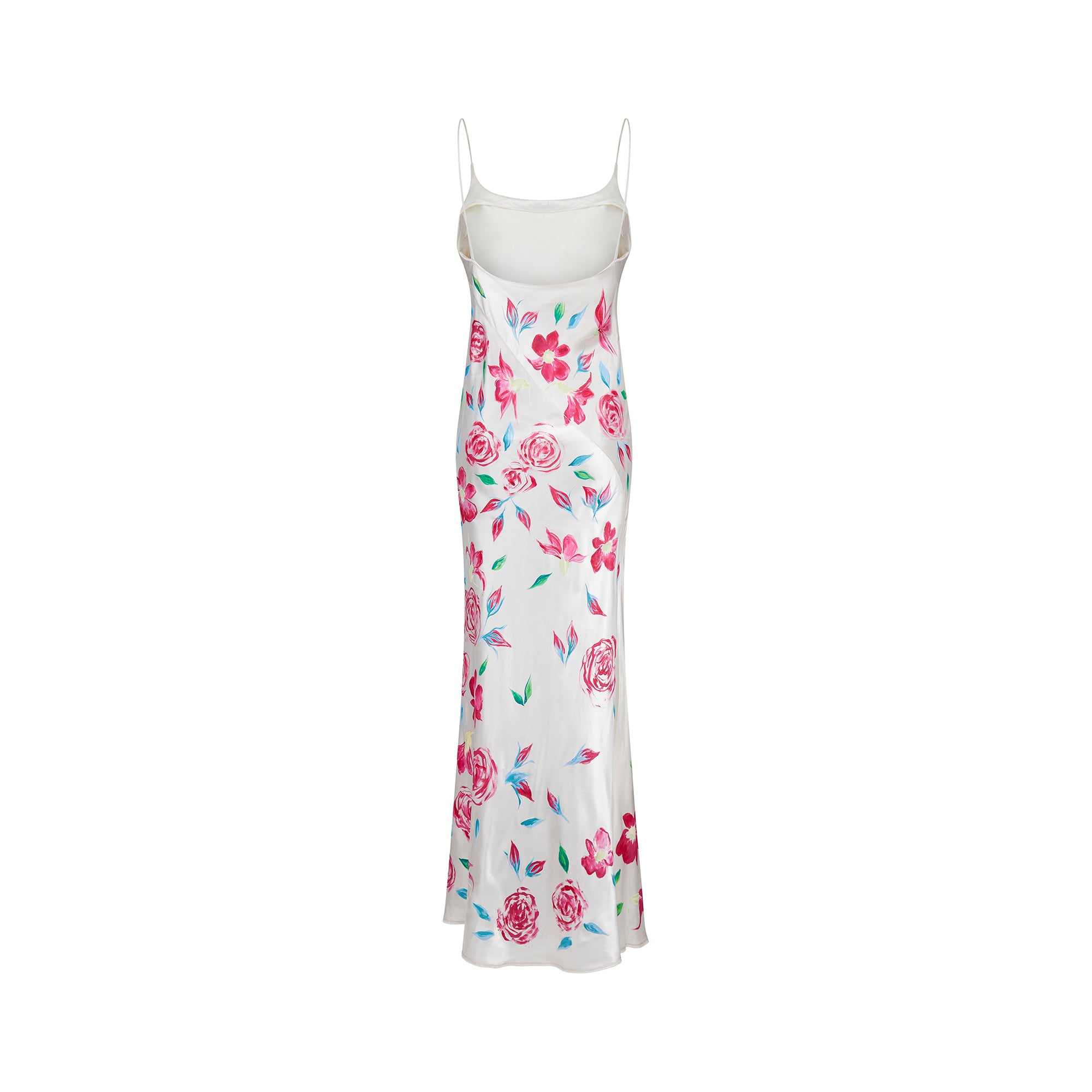 1990s Rachel Robarts Hand-Painted Rose Print Bias Cut Satin Dress