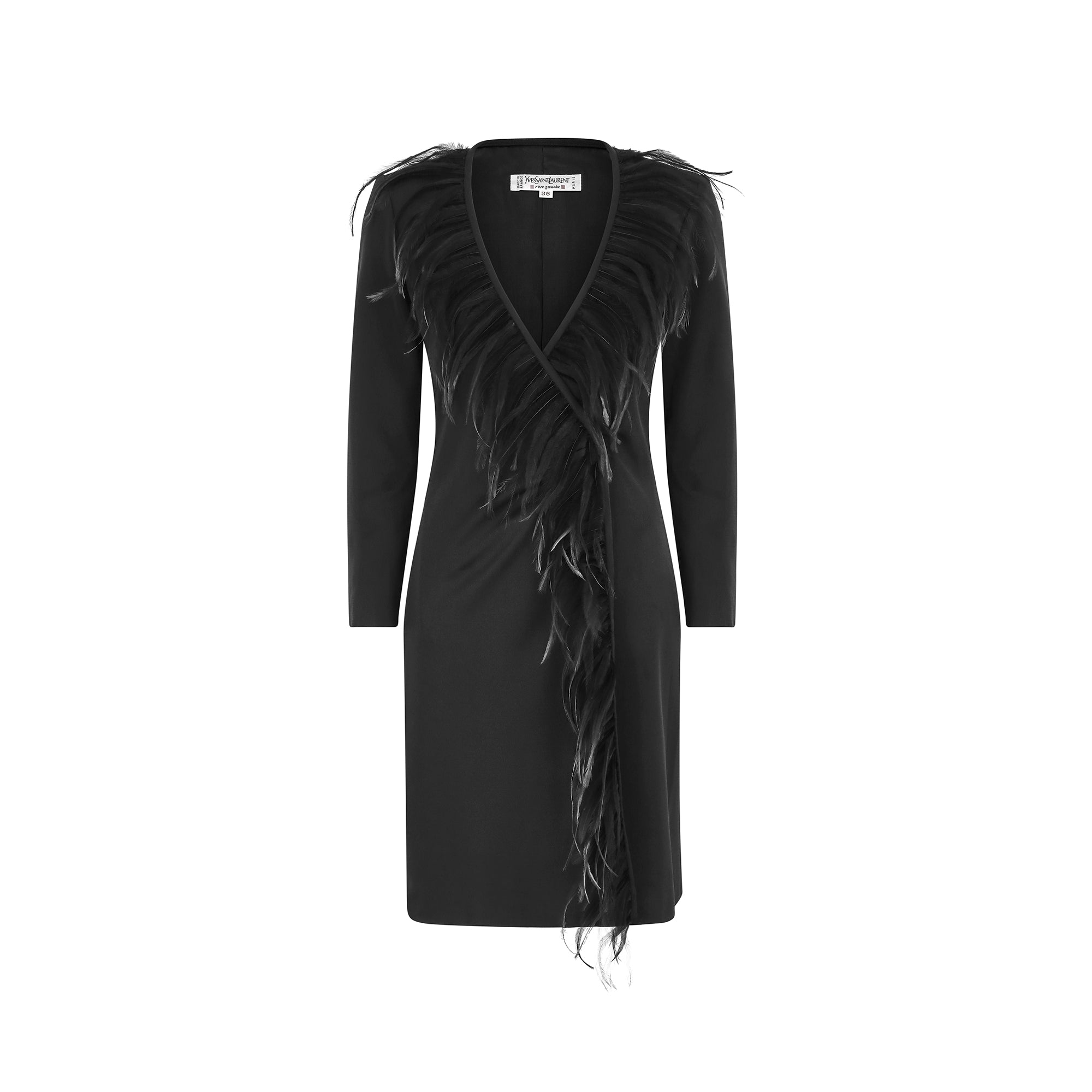 1999 Yves Saint Laurent Black Feather Wrap Dress