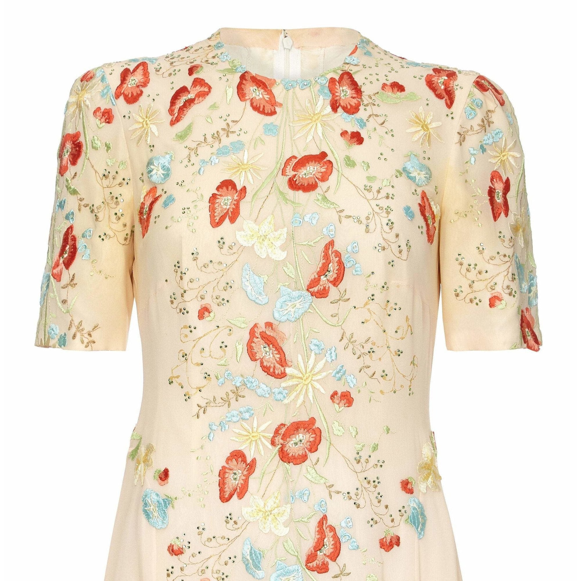 1990s Couture Ivory Silk Chiffon Floral Embroidery and Rhinestone Dress