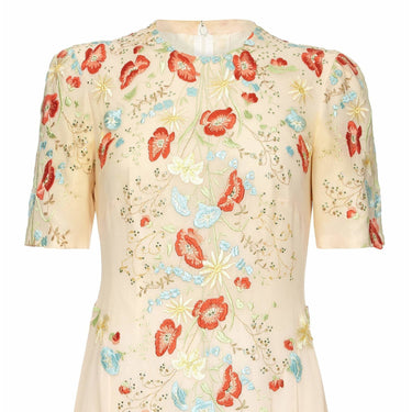 ARCHIVE: 1990s Couture Ivory Silk Chiffon Floral Embroidery and Rhinestone Dress