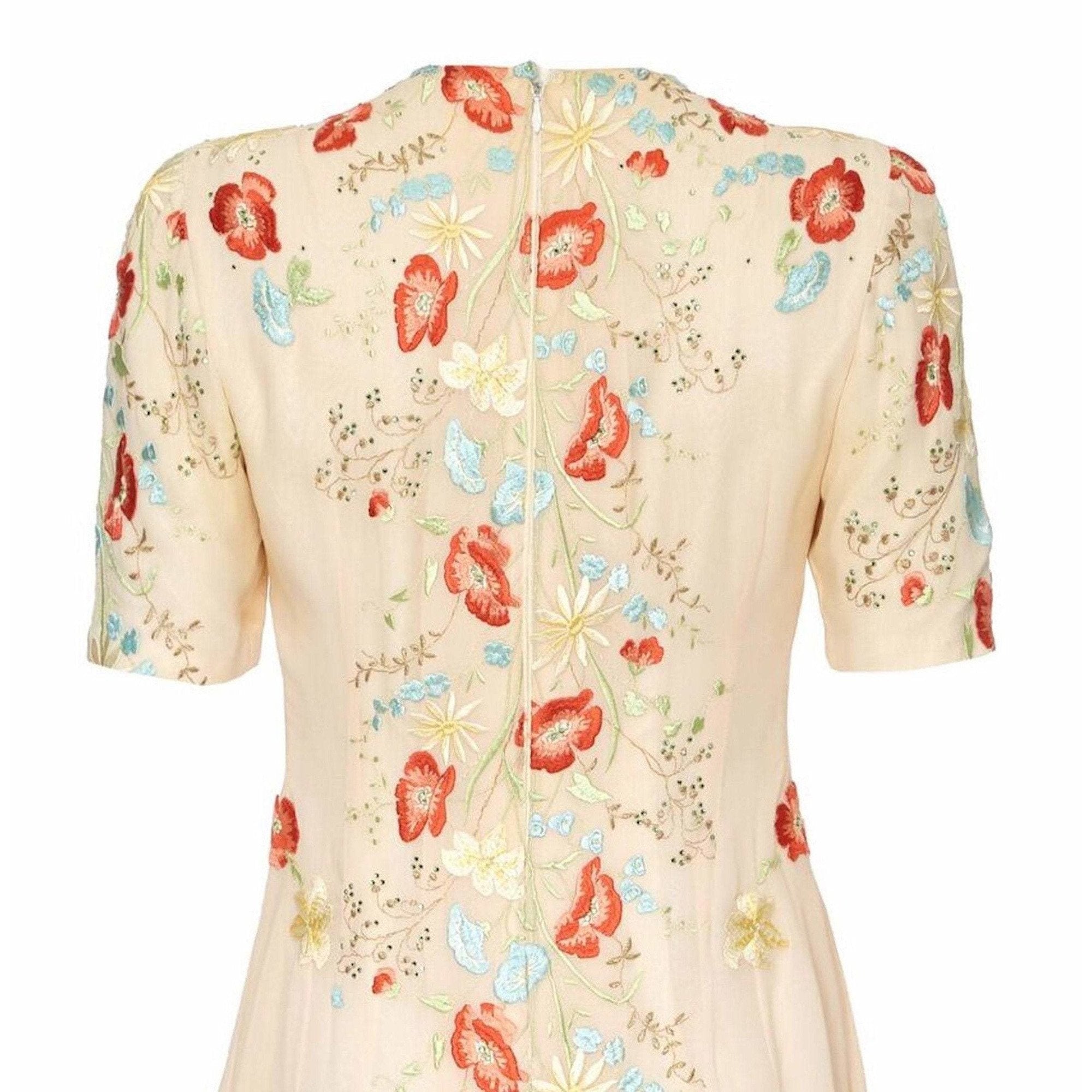 1990s Couture Ivory Silk Chiffon Floral Embroidery and Rhinestone Dress