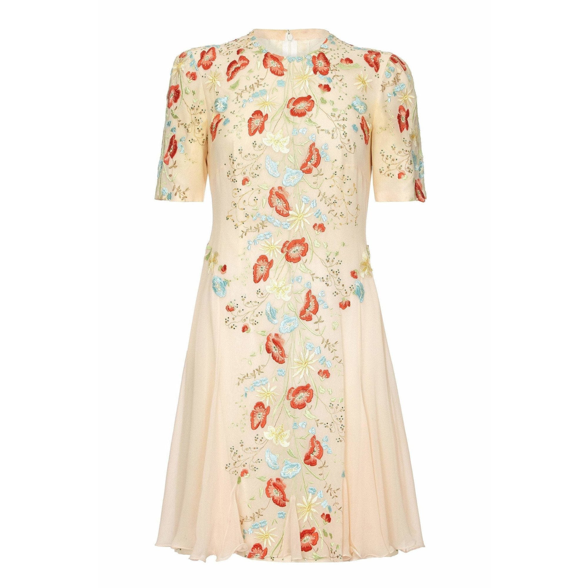 1990s Couture Ivory Silk Chiffon Floral Embroidery and Rhinestone Dress