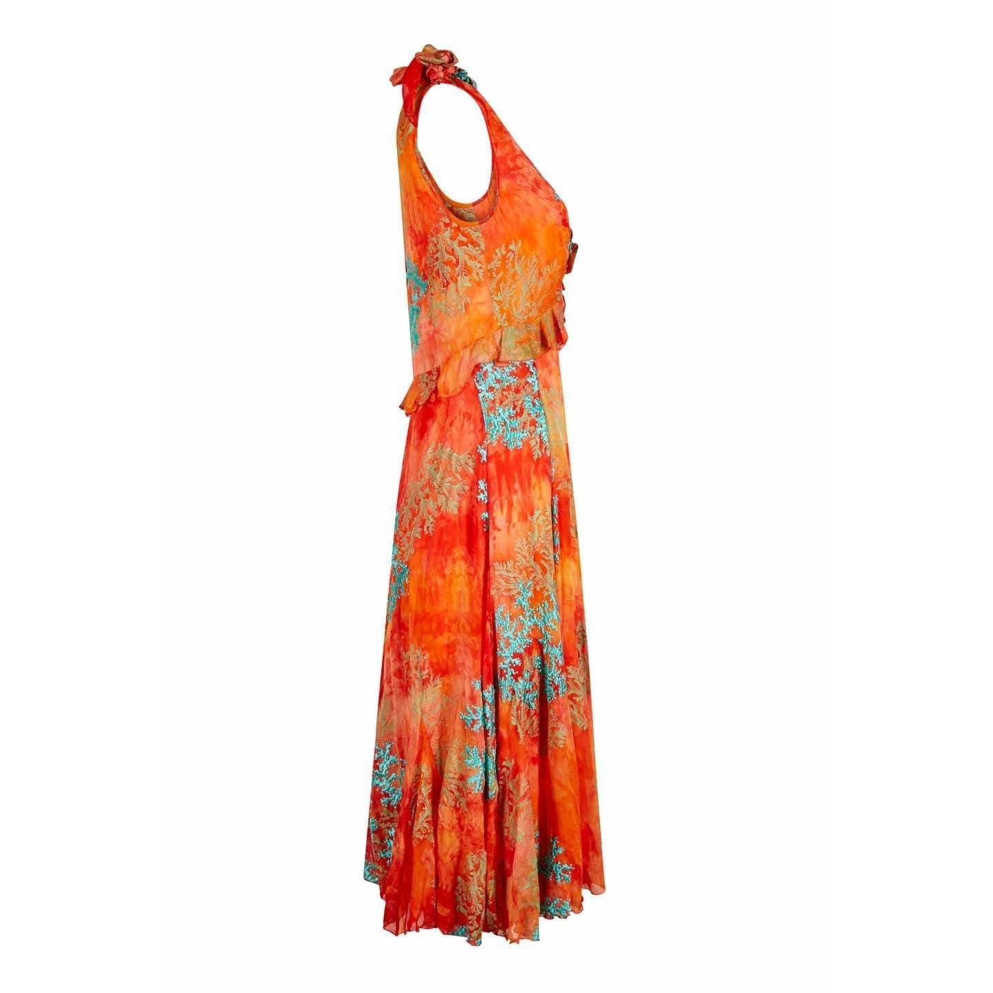 1990s Embroidered Orange & Turquoise Silk Couture Dress and Bag