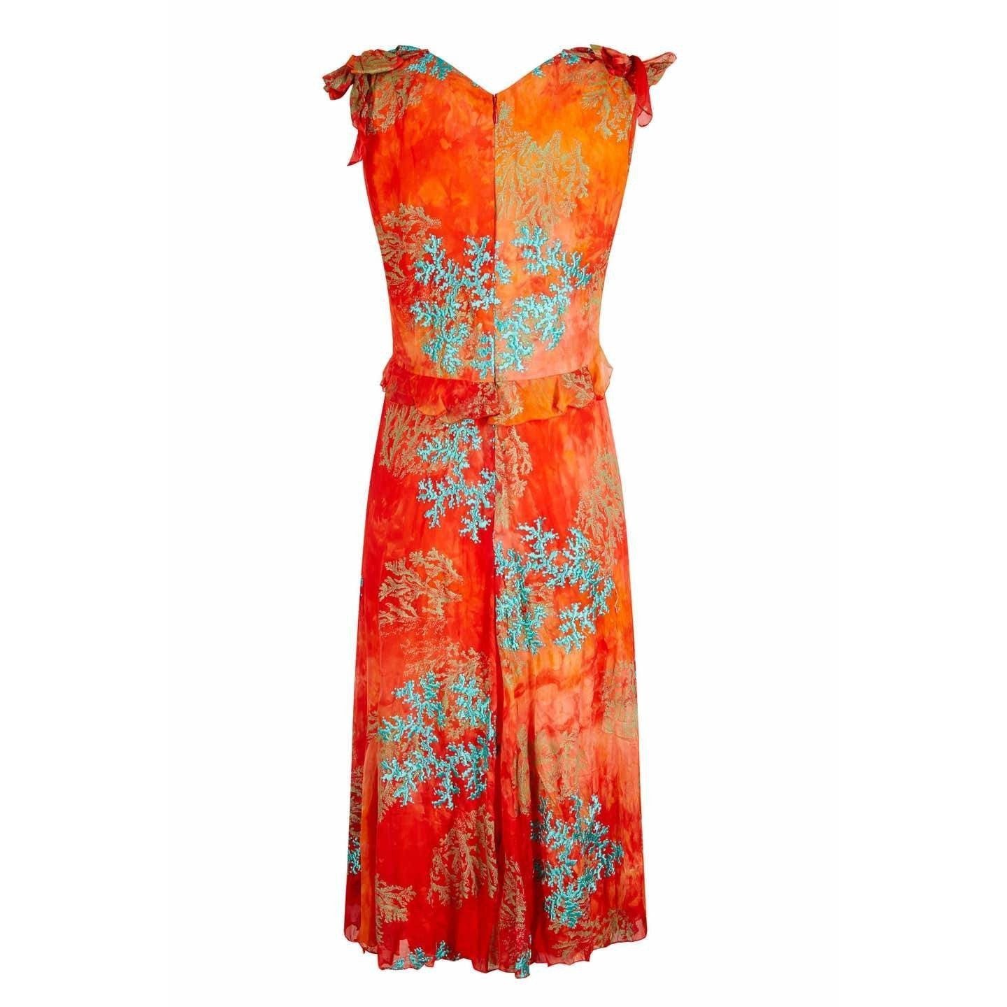 1990s Embroidered Orange & Turquoise Silk Couture Dress and Bag