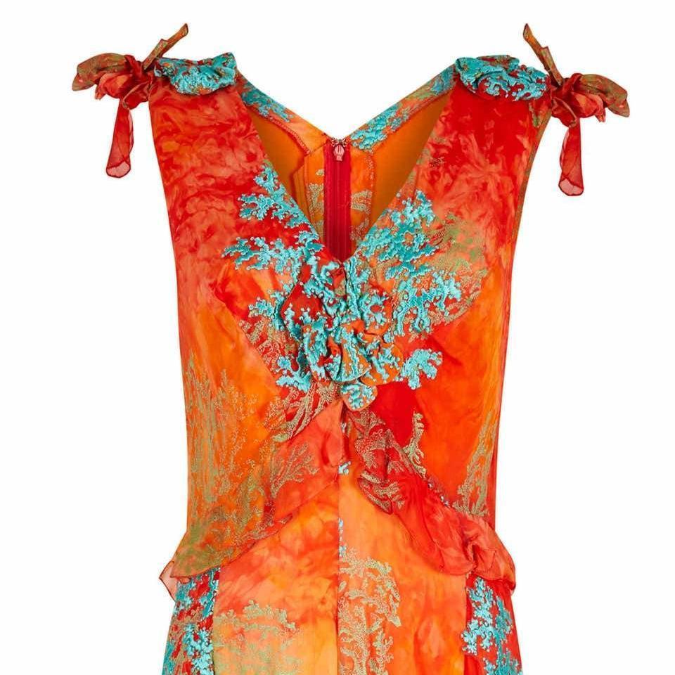 1990s Embroidered Orange & Turquoise Silk Couture Dress and Bag