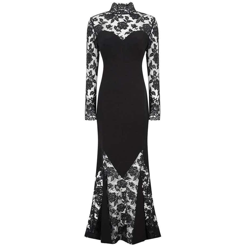 1990s or Early 2000s Azzaro Boutique Black Silk Crepe and Lace Evening Gown