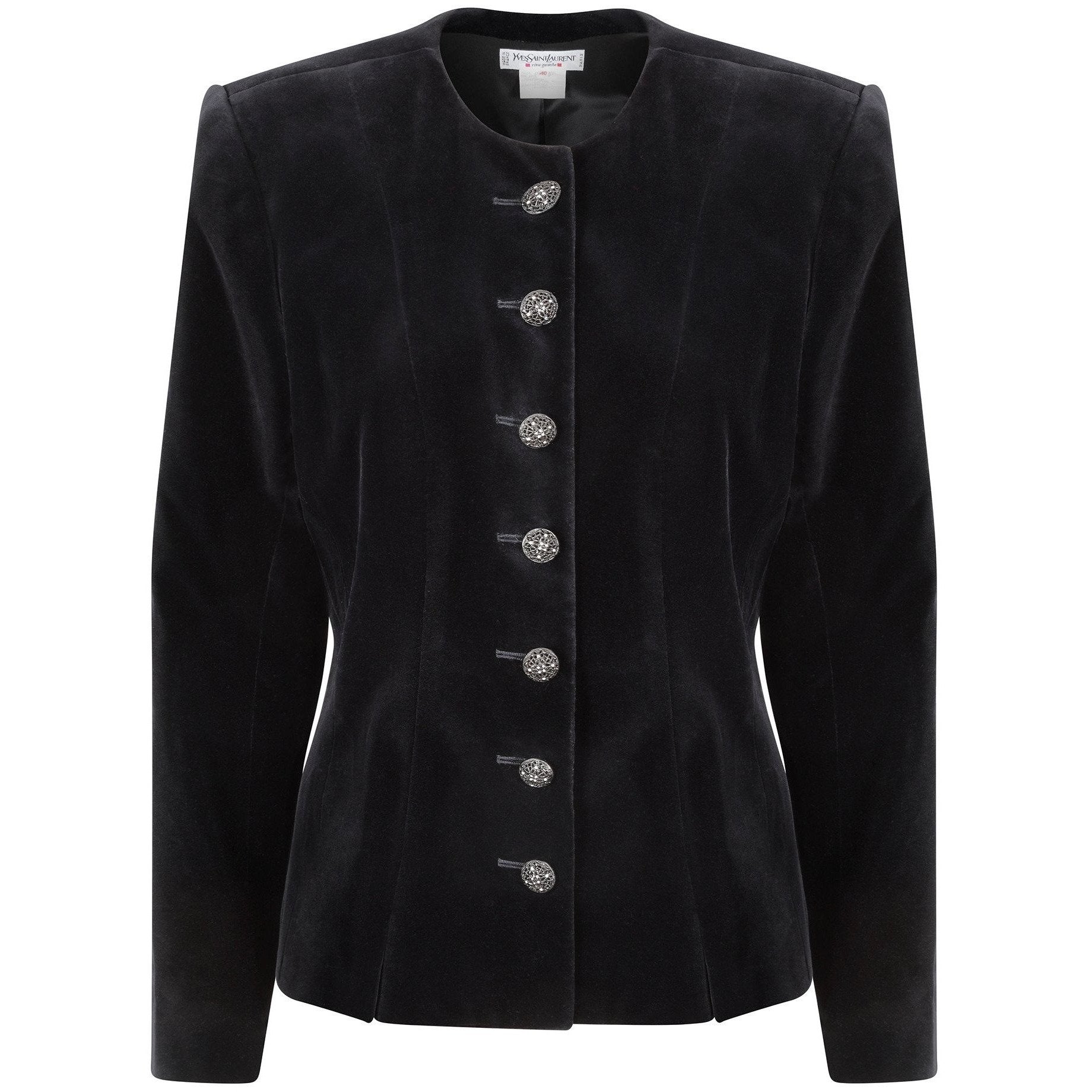 1990s Yves Saint Laurent Black Velvet Jacket with Silver Filigree Buttons