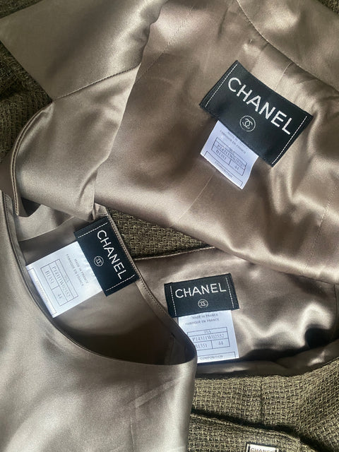 1999 Chanel Green Brown Tweed and Silk Three Piece Suit