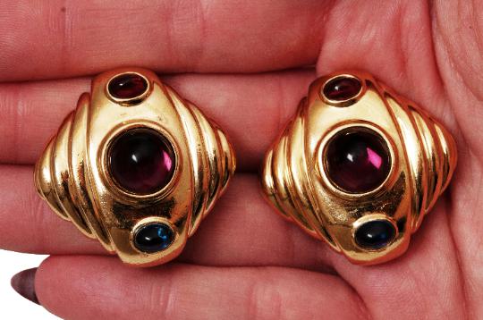 1990s Ciner Gold and Glass Cabouchon Earrings