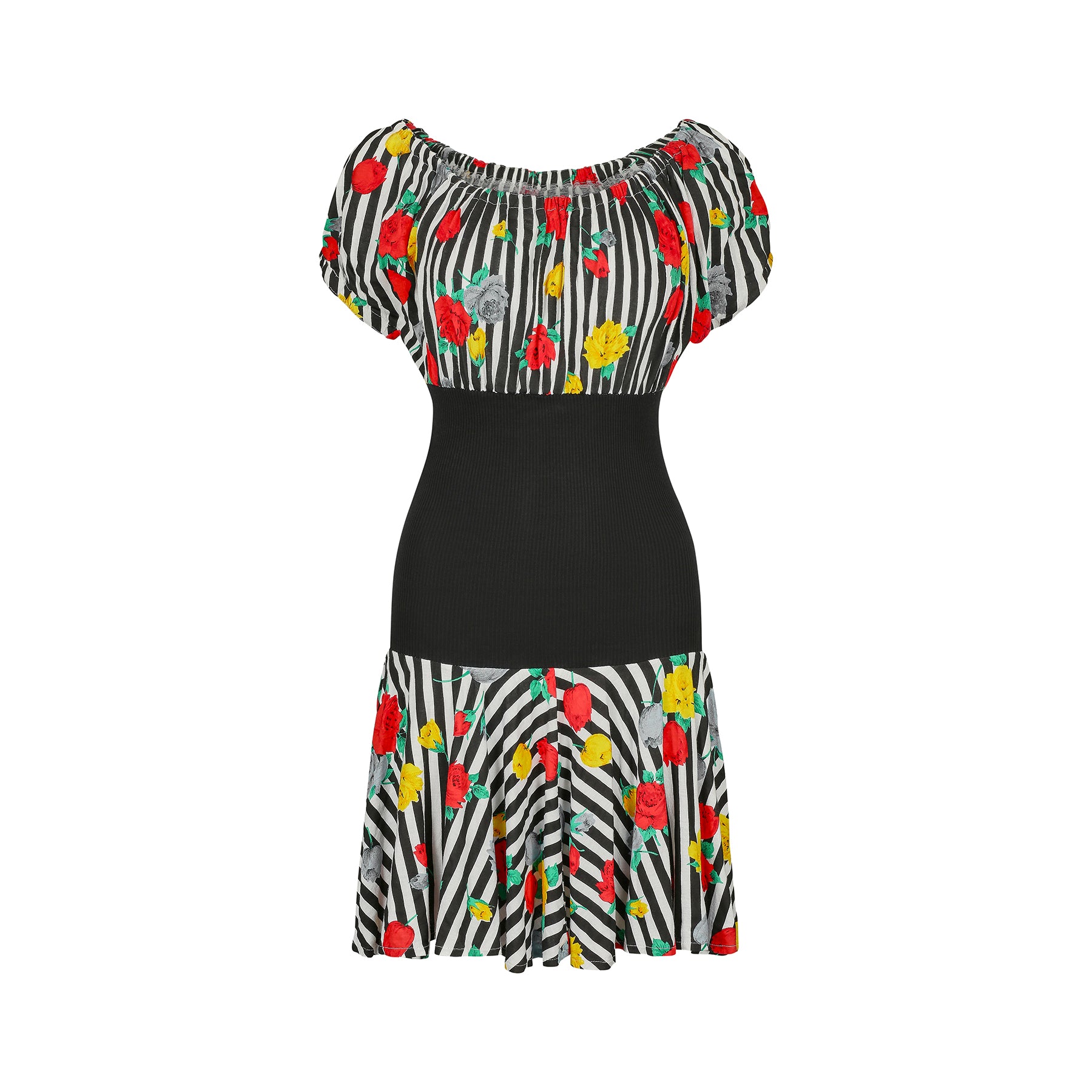 1980s Cotton Floral Camelia Print Striped Dress