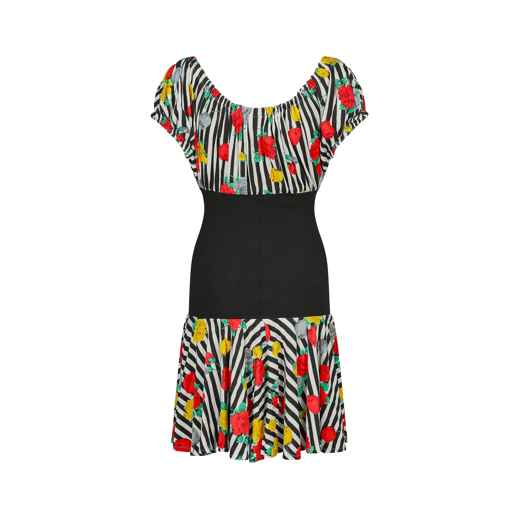 1980s Cotton Floral Camelia Print Striped Dress