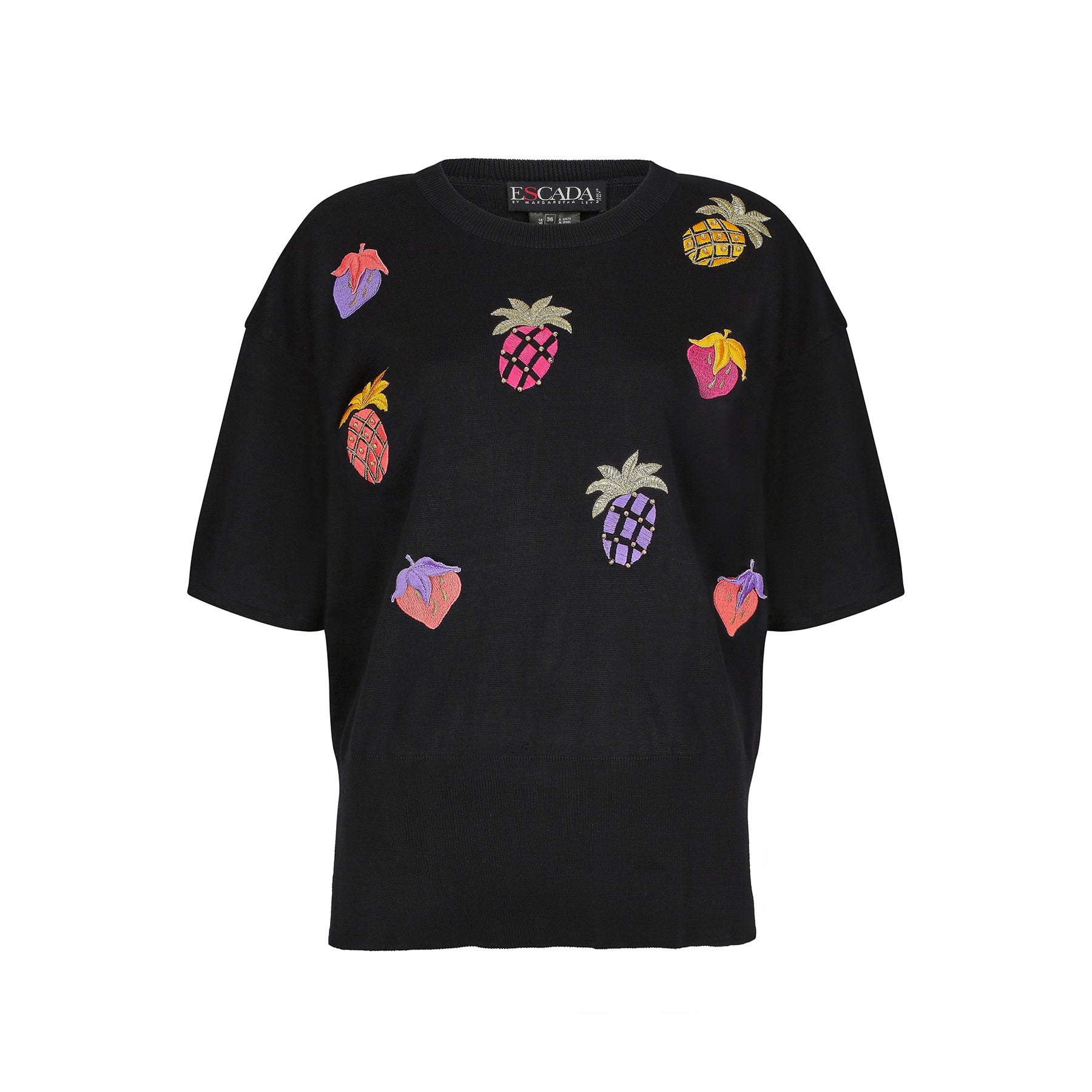 1990s Escada Navy Embroidered Fruit Salad Top