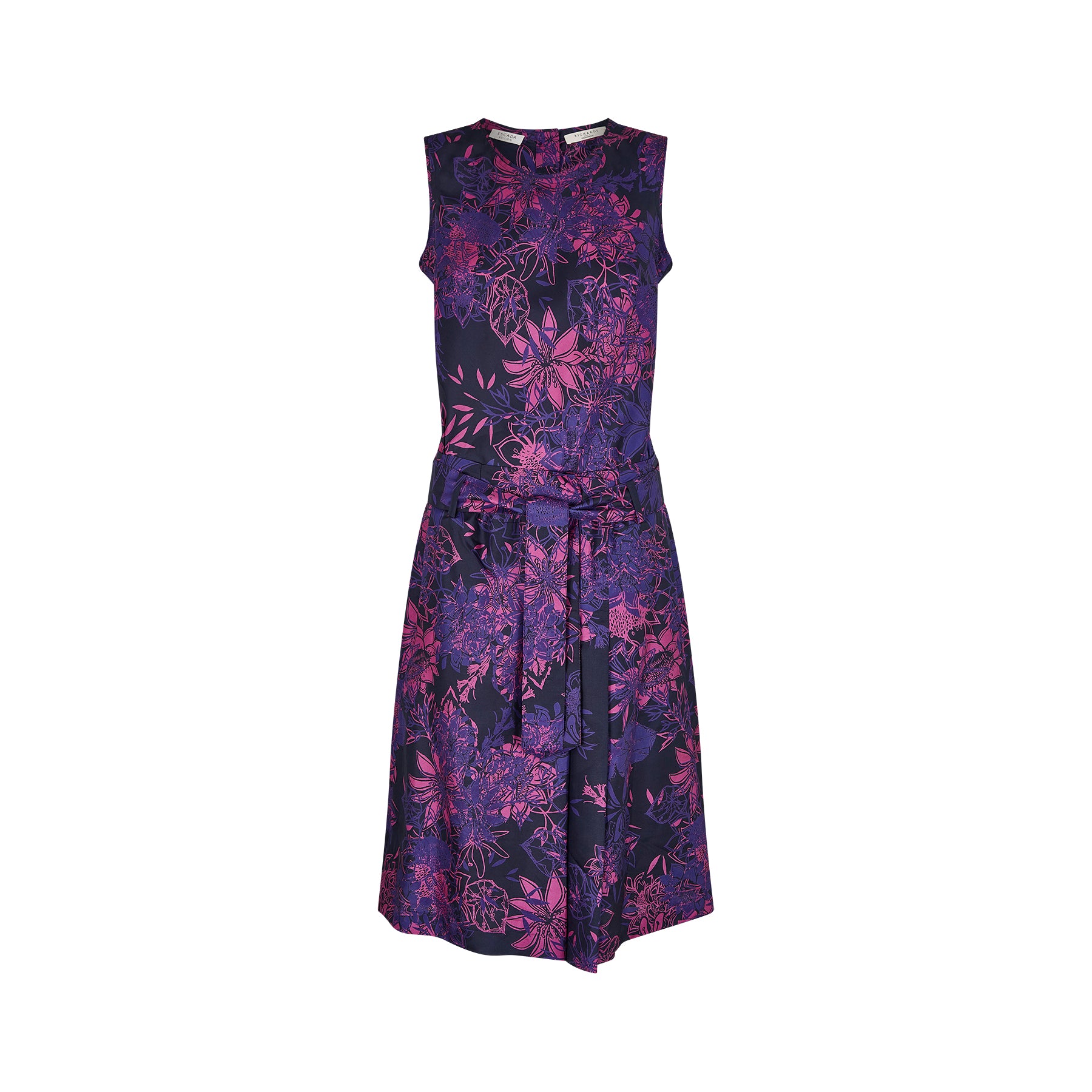 1990s Y2K Escada Silk Floral Dress with Grosgrain Belt