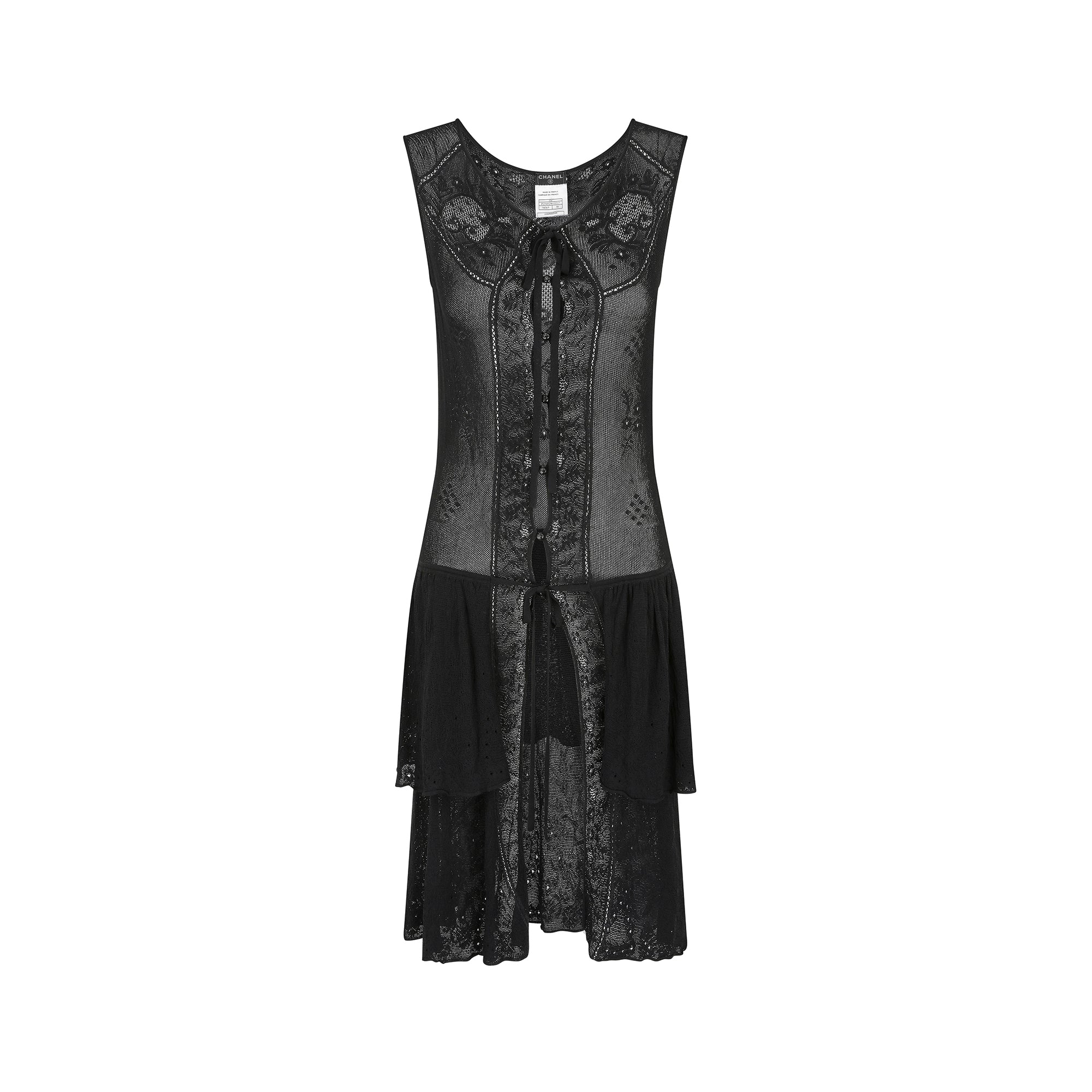 Y2K Chanel Sleeveless Black Floral Fine Knitted Buttoned Dress