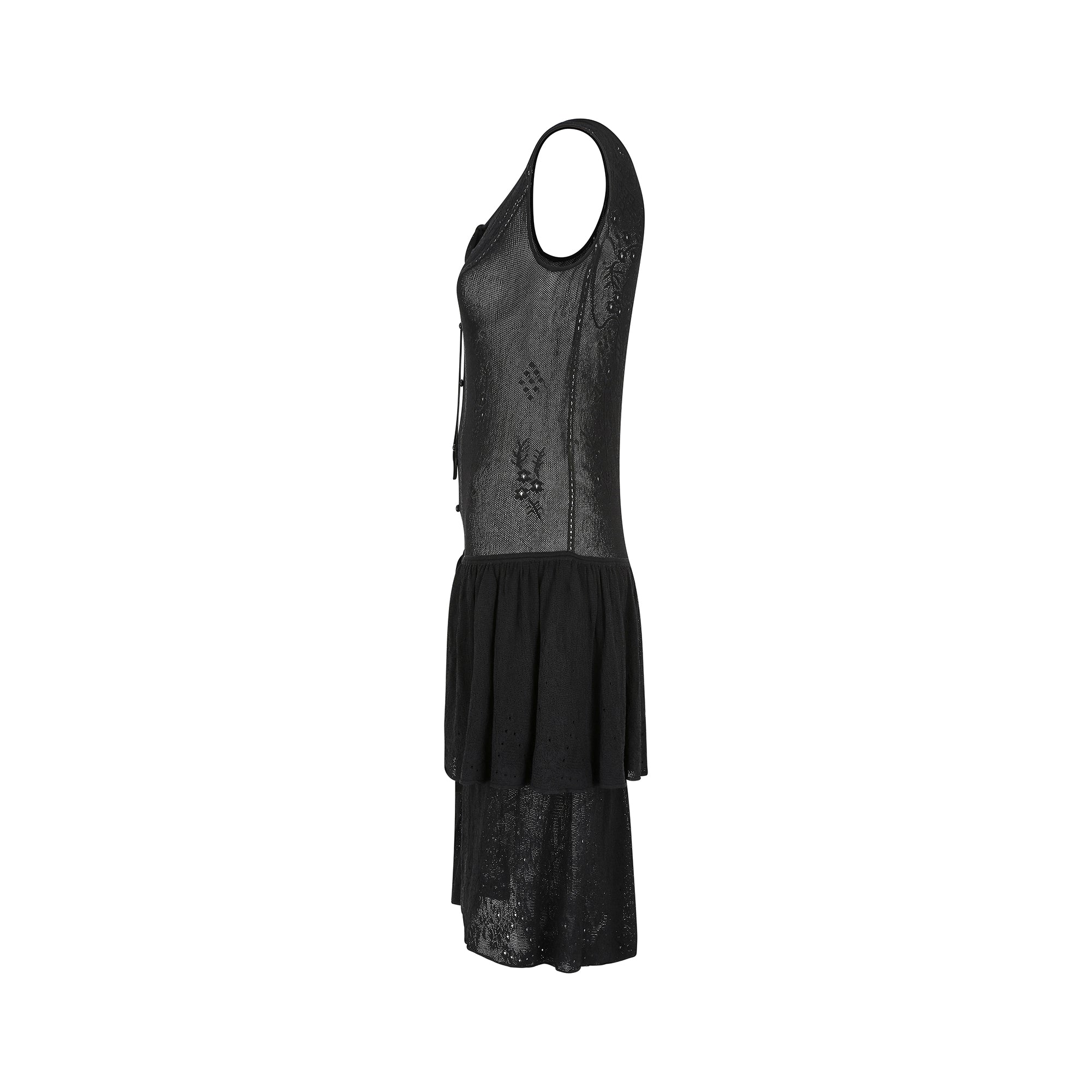 Y2K Chanel Sleeveless Black Floral Fine Knitted Buttoned Dress