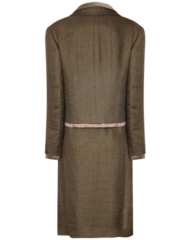 2000s Chanel Olive Green Tweed and Silk Three Piece Skirt Suit