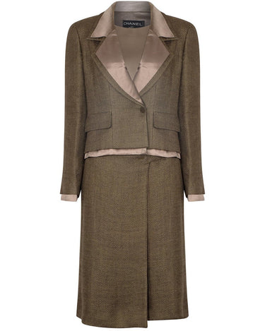 2000s Chanel Olive Green Tweed and Silk Three Piece Skirt Suit