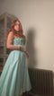 ARCHIVE - 1950s Aquamarine Textured Cotton Dress With Floral Rhinestone Applique