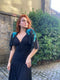 1980s Casadei Black Ruched Turquoise Sequinned Dress with Cape