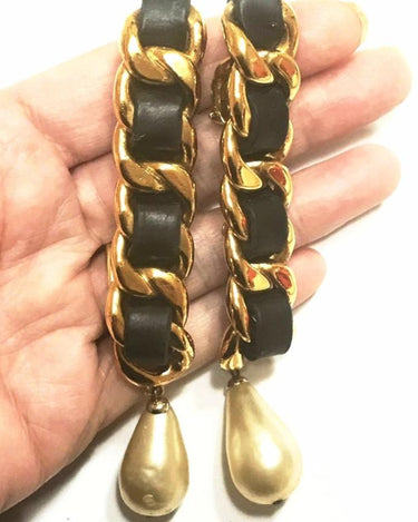 1980s Chanel Long Black Leather and Chain Earrings-Earrings-CIRCA VINTAGE LONDON