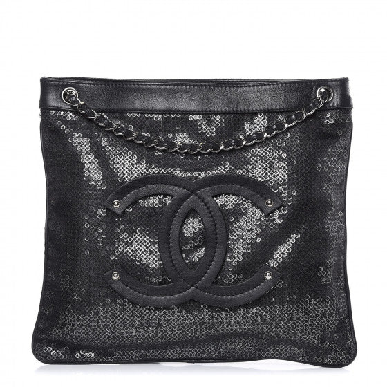 ARCHIVE - Chanel Calfskin Mesh Hidden Sequin CC Black Tote Bag