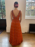 Couture 1960s Burnt Orange Silk Chiffon Gown with Crystal Bead Embellishments