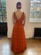 Couture 1960s Burnt Orange Silk Chiffon Gown with Crystal Bead Embellishments