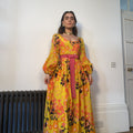 Frank Usher 1960s Psychedelic Yellow Silk Floral Printed Dress With Pink Ribbon-Dress-CIRCA VINTAGE LONDON