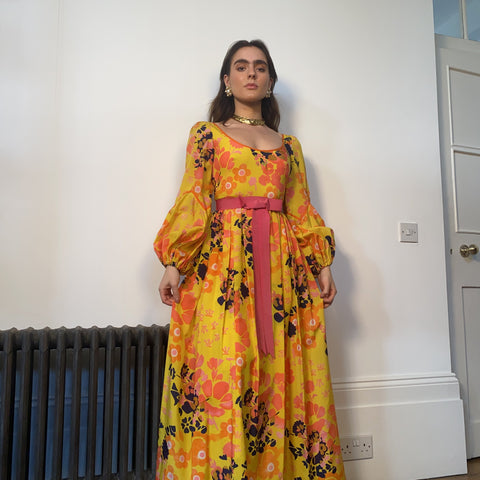 Frank Usher 1960s Psychedelic Yellow Silk Floral Printed Dress With Pink Ribbon-Dress-CIRCA VINTAGE LONDON