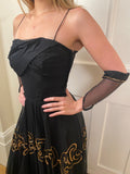 Fred Perlberg 1940s Black and Gold Chiffon Evening Dress with Matching Gloves
