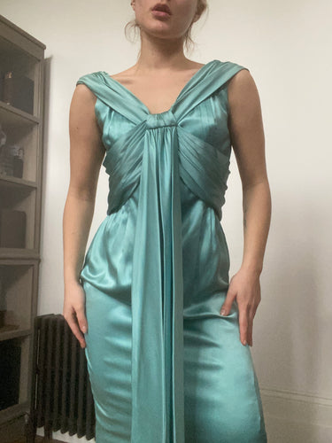 ARCHIVE - Hardy Amies Couture 1950s Silk Satin Aquamarine Occasion Dress