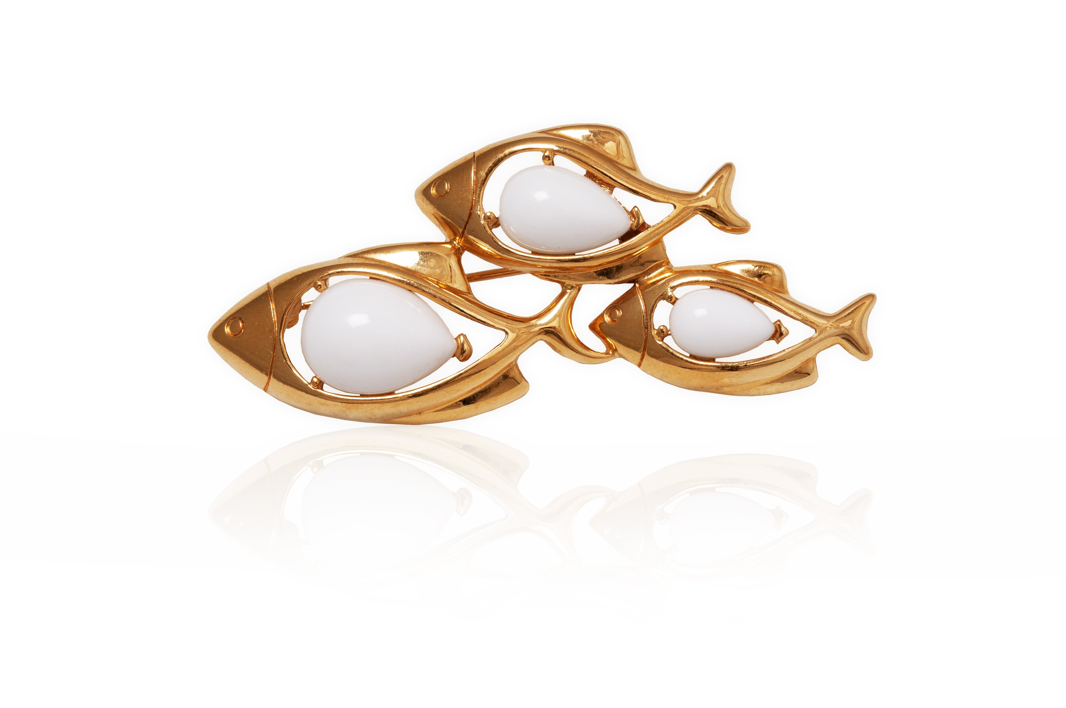 1970s Novelty Trifari Gold and White Trio of Fish Brooch