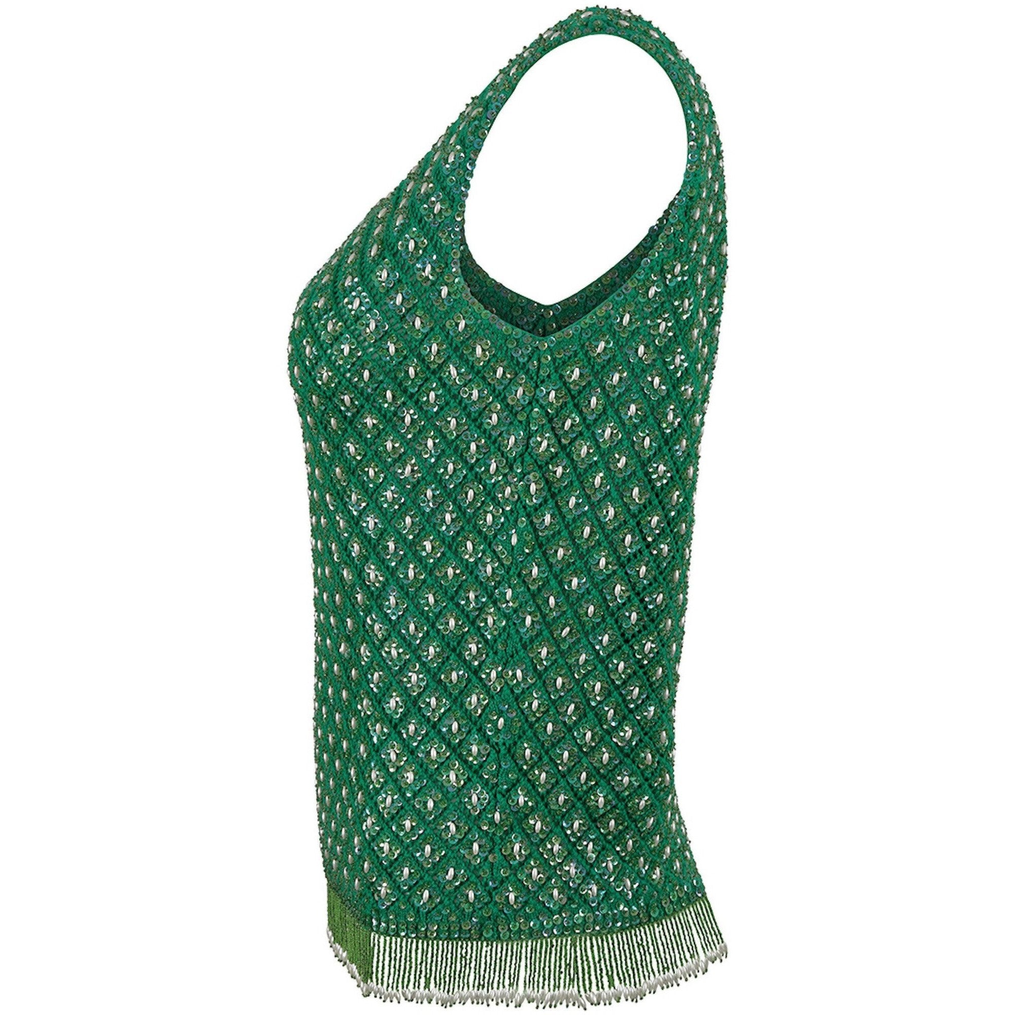 Alan Lee 1950s Emerald Wool Green Beaded Vest With Tassel Fringe