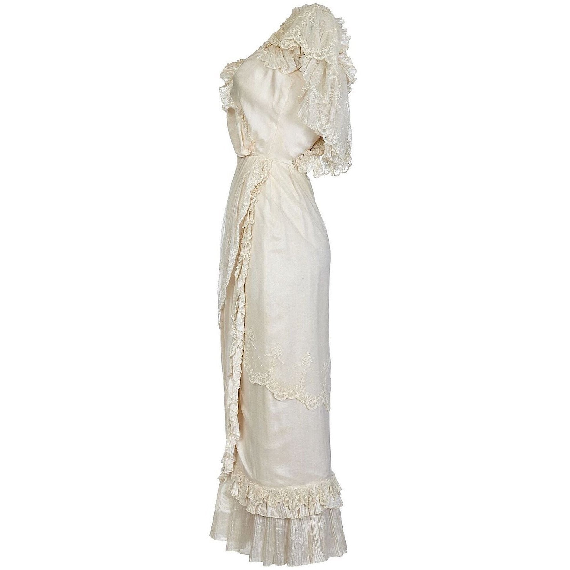 Andrea Wilkin 1970s Silk Ivory Fantasy Bridal Dress in Edwardian Style