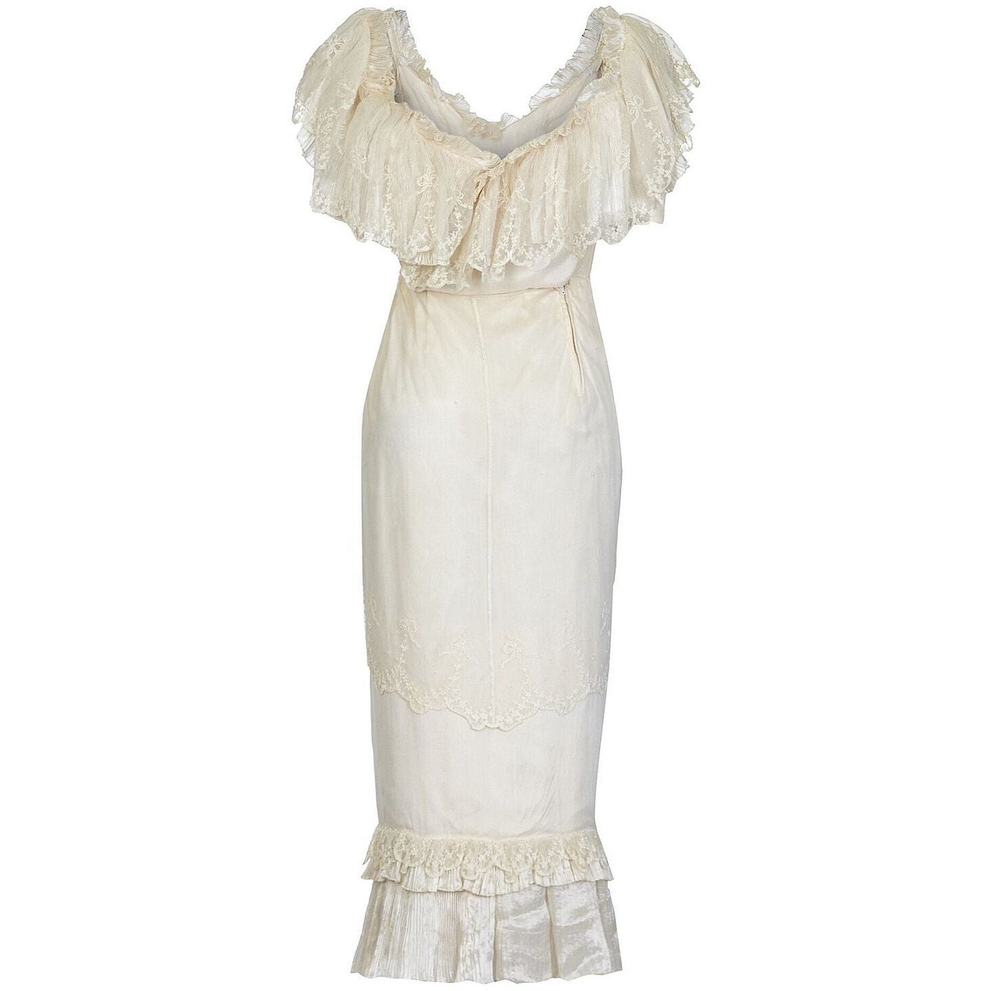 Andrea Wilkin 1970s Silk Ivory Fantasy Bridal Dress in Edwardian Style