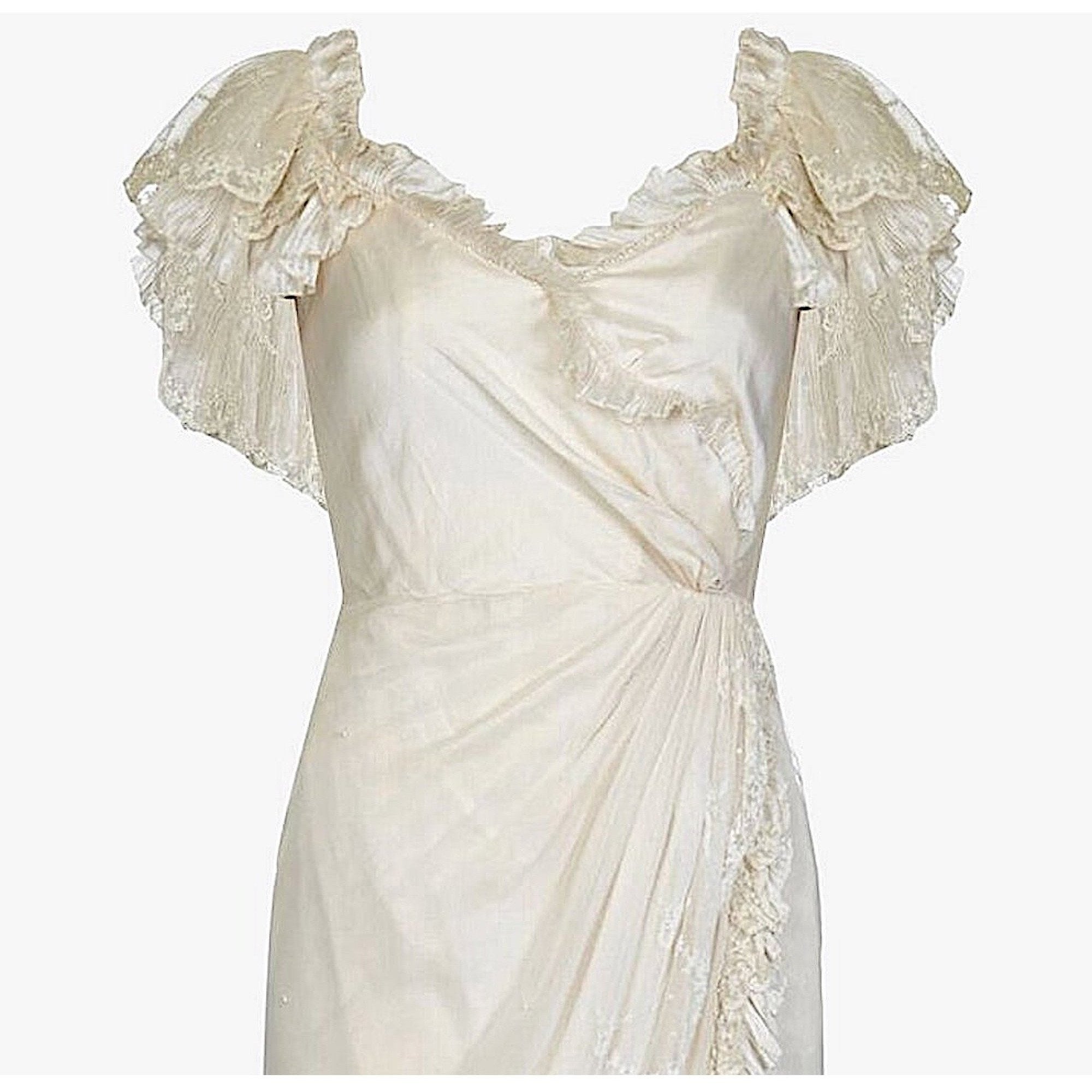 Andrea Wilkin 1970s Silk Ivory Fantasy Bridal Dress in Edwardian Style