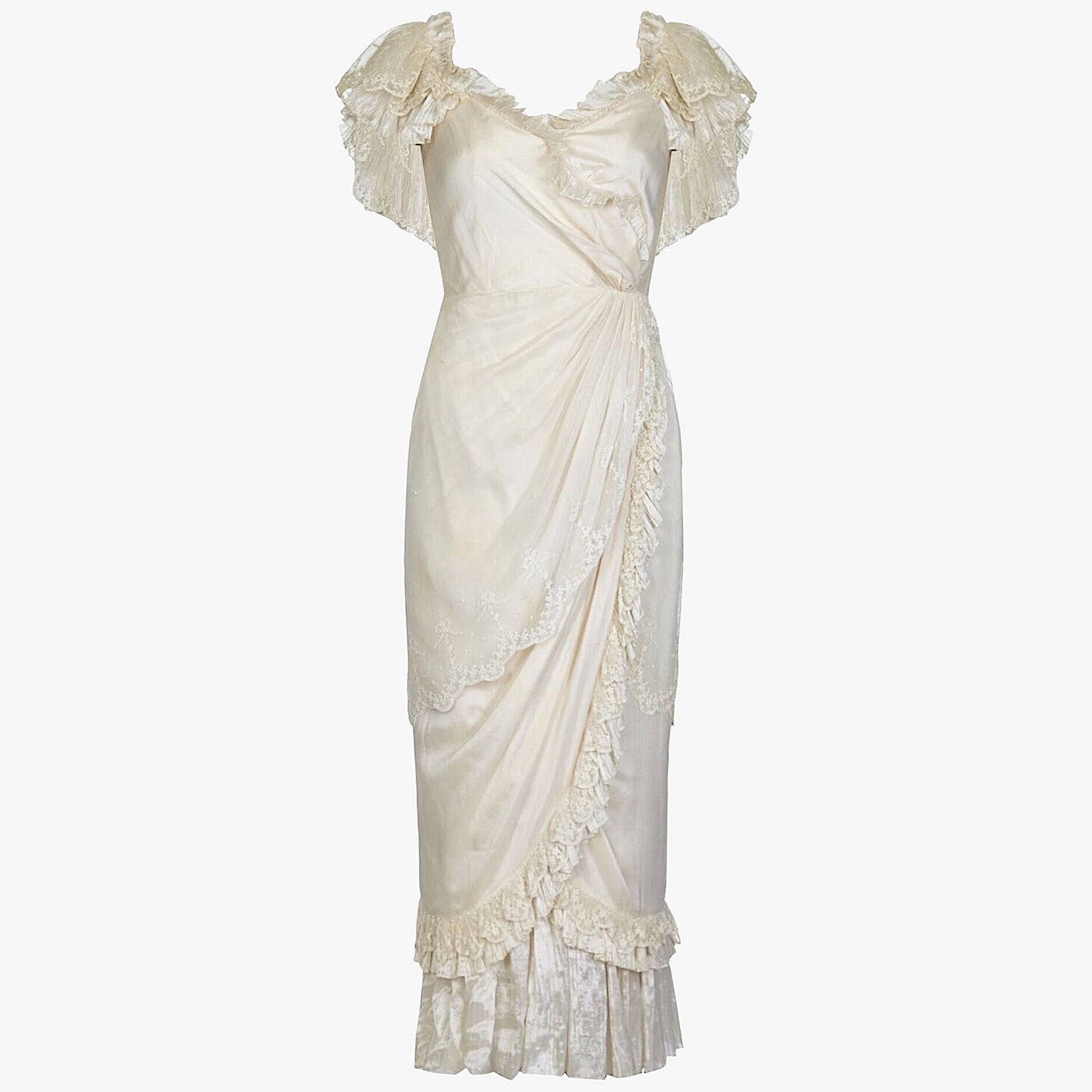 Andrea Wilkin 1970s Silk Ivory Fantasy Bridal Dress in Edwardian Style