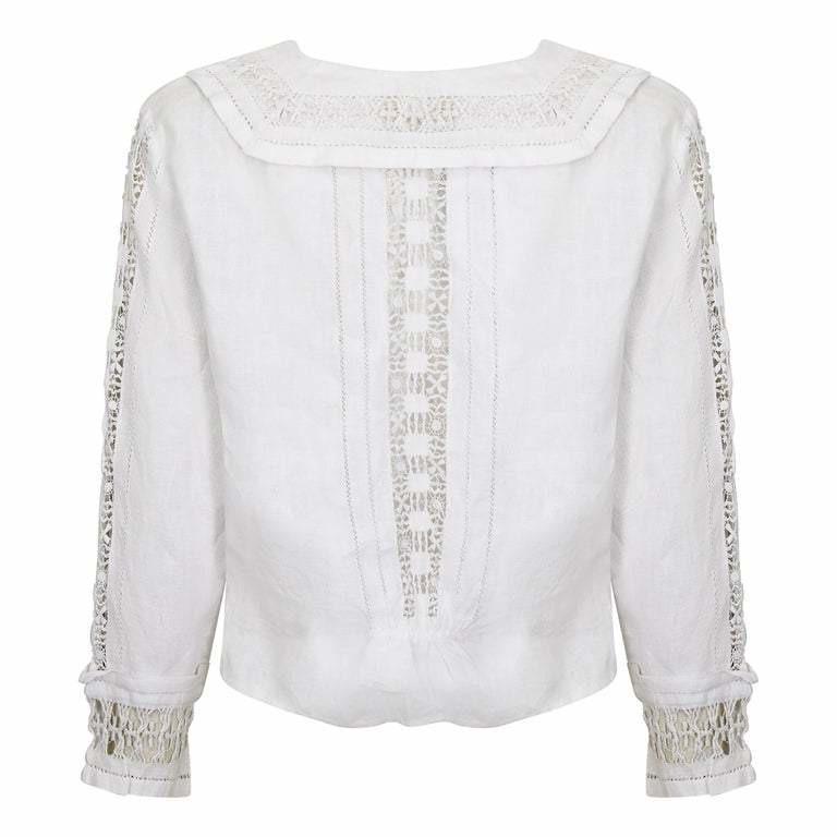 Antique Edwardian White Linen Blouse With Cut Out Work