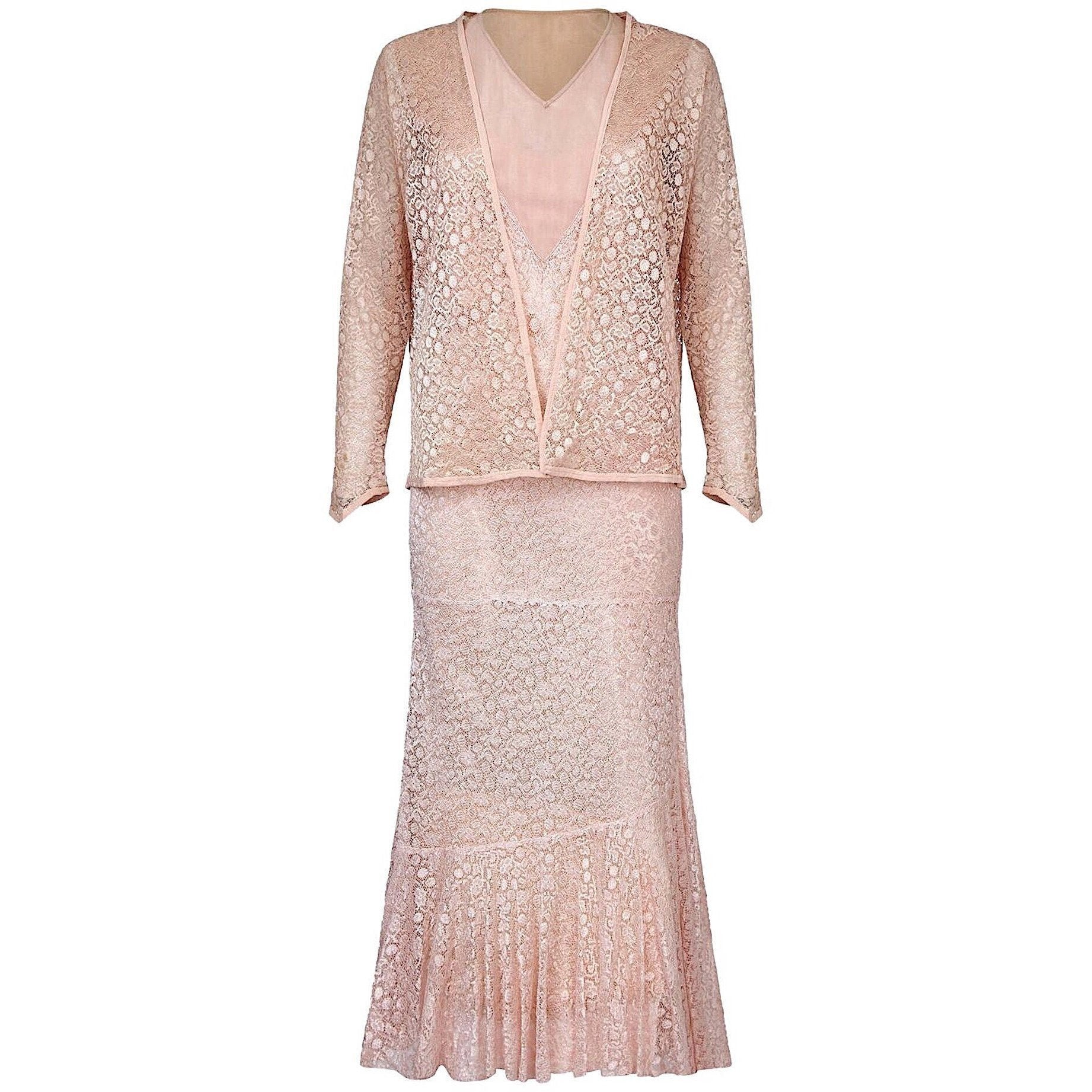 ARCHIVE - 1920s Pink Satin and Cobweb Lace Three Piece Set