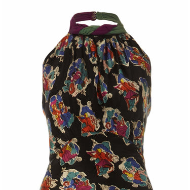 ARCHIVE - 1930s Black Bias Cut Liquid Satin Novelty Musical Print Halterneck Dress