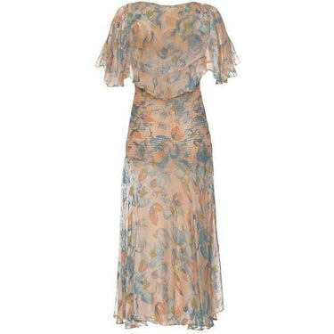 ARCHIVE - 1930s Blue and Apricot Dress with Capelet