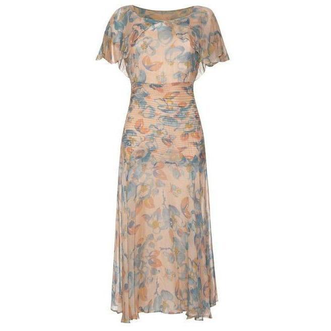 ARCHIVE - 1930s Blue and Apricot Dress with Capelet
