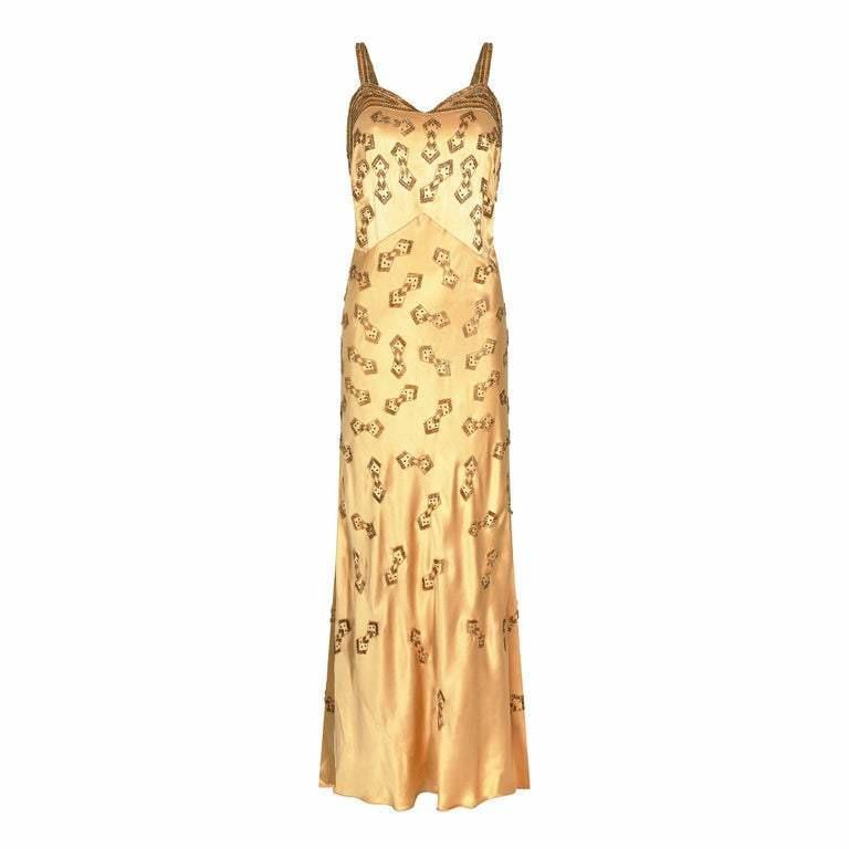 ARCHIVE - 1930s Gold Beaded Liquid Satin Evening Gown