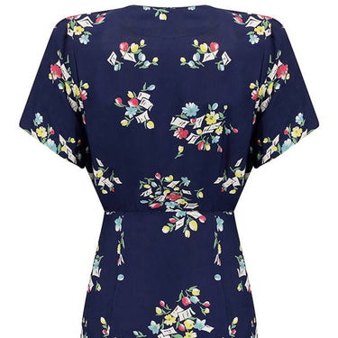 ARCHIVE - 1940s Navy Blue Rayon Dress With Floral Novelty Print