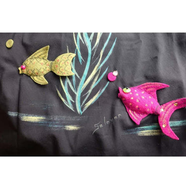 ARCHIVE - 1950s Marjorie Montgomery Black Novelty 3D Hand Painted Fish Print Dress