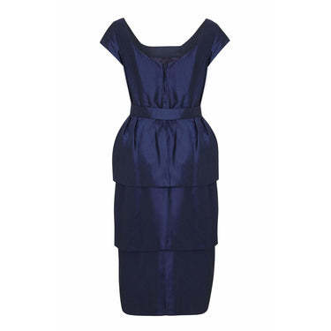 ARCHIVE - 1950s Navy Silk Dress With Tiered Petal Skirt And Peplum Waistband