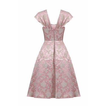 ARCHIVE - 1950s Pale Pink and Gold Brocade Rose Print Couture Dress With Bow