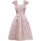 ARCHIVE - 1950s Pale Pink and Gold Brocade Rose Print Couture Dress With Bow