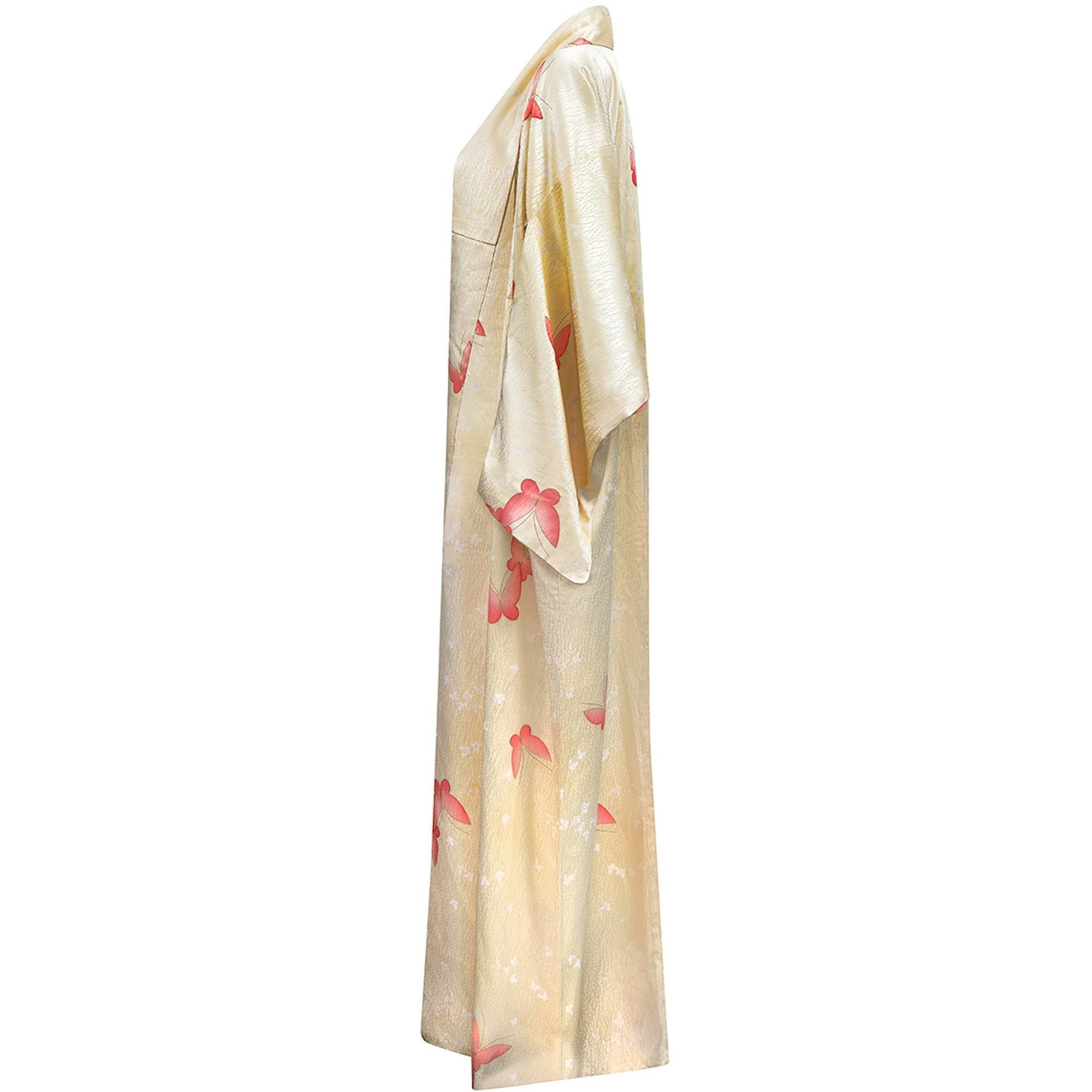 ARCHIVE 1960s Cream Silk Kimono With Pale Pink Butterfly Print